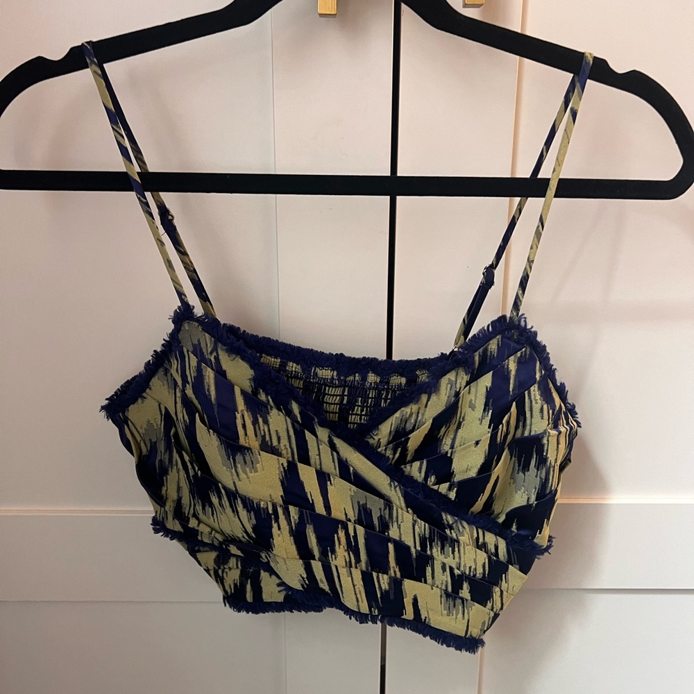 Cinq a Sept Blue and Green Ikat Print Smocked Top